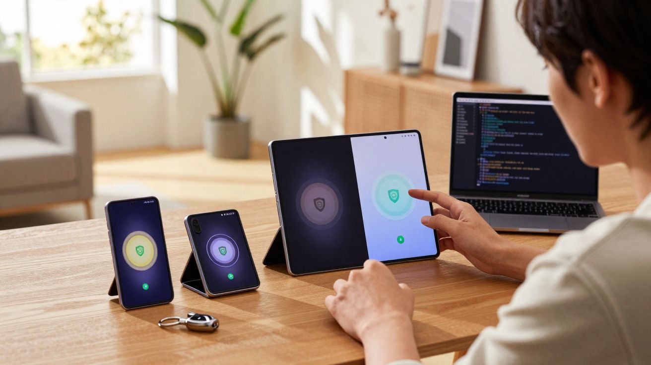 Pessoa usando tablet, dois smartphones, notebook e chave com controle remoto sobre mesa de madeira.