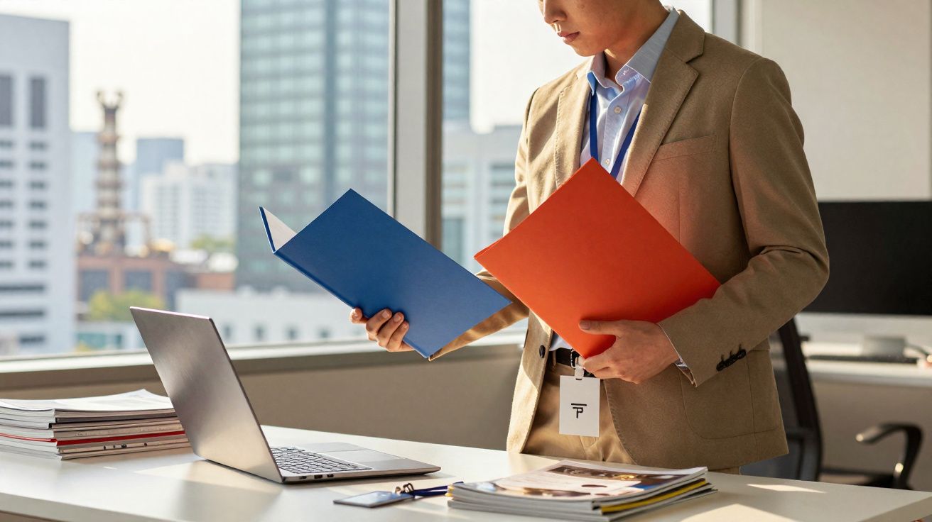 Pessoa em escritório com pasta azul e vermelha, olhando documentos ao lado de um notebook.