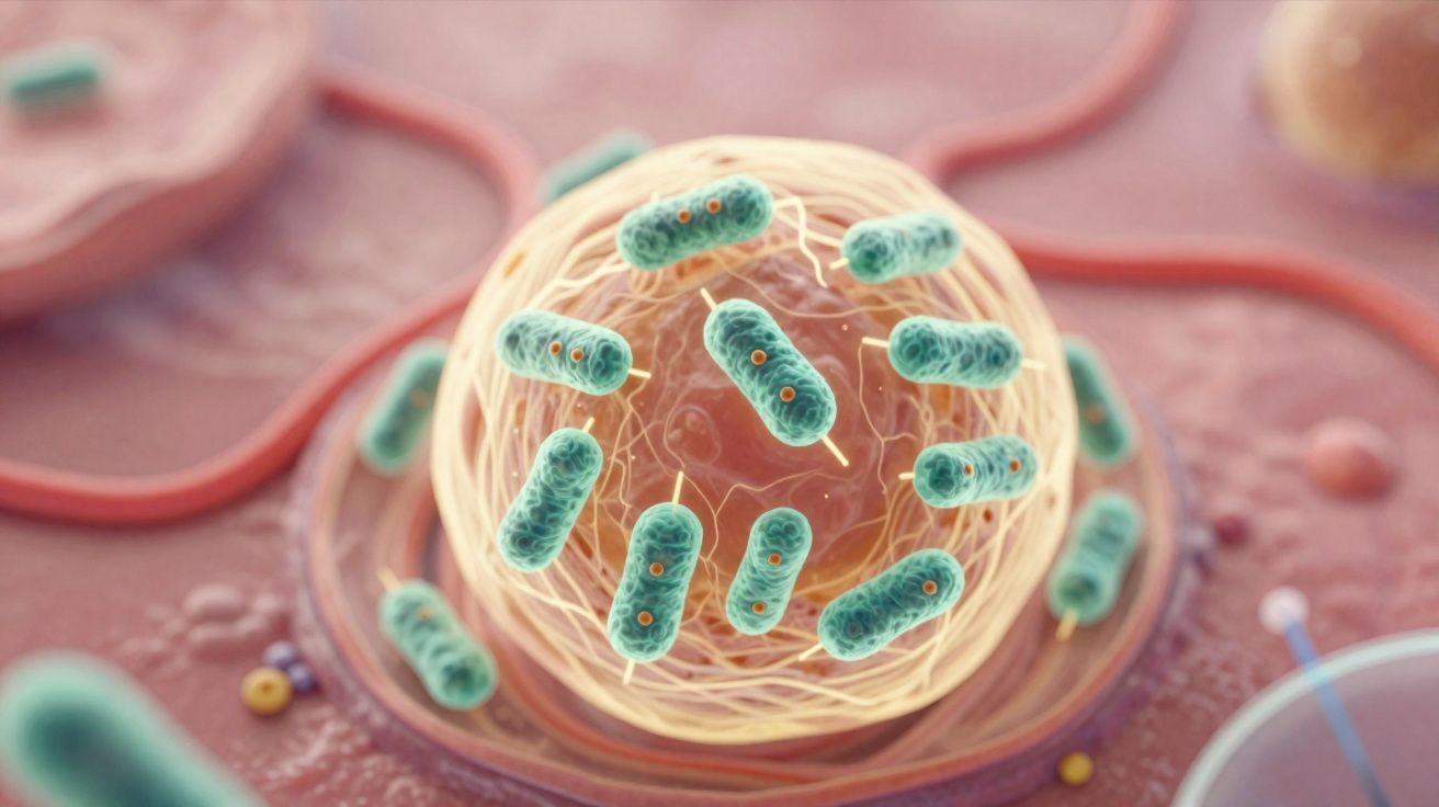 Ilustração digital de bactérias verdes entrando em uma célula humana em fundo rosado.