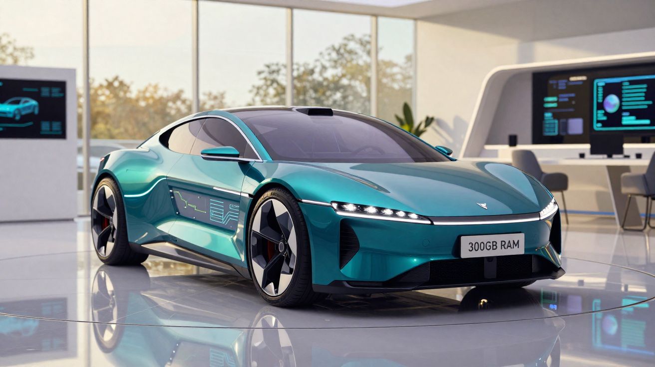 Carro esportivo elétrico azul em ambiente moderno com telas digitais ao fundo.