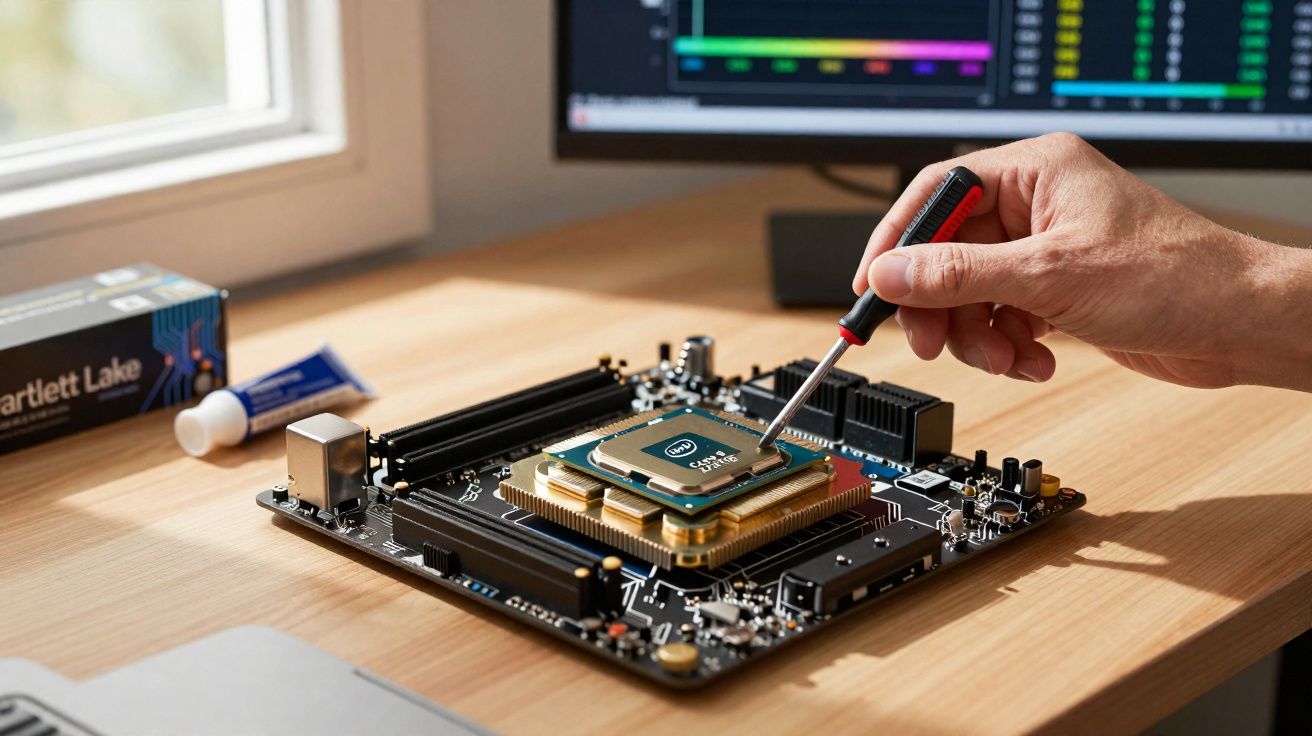Pessoa instalando processador Intel em placa-mãe com chave de fenda sobre mesa de madeira.