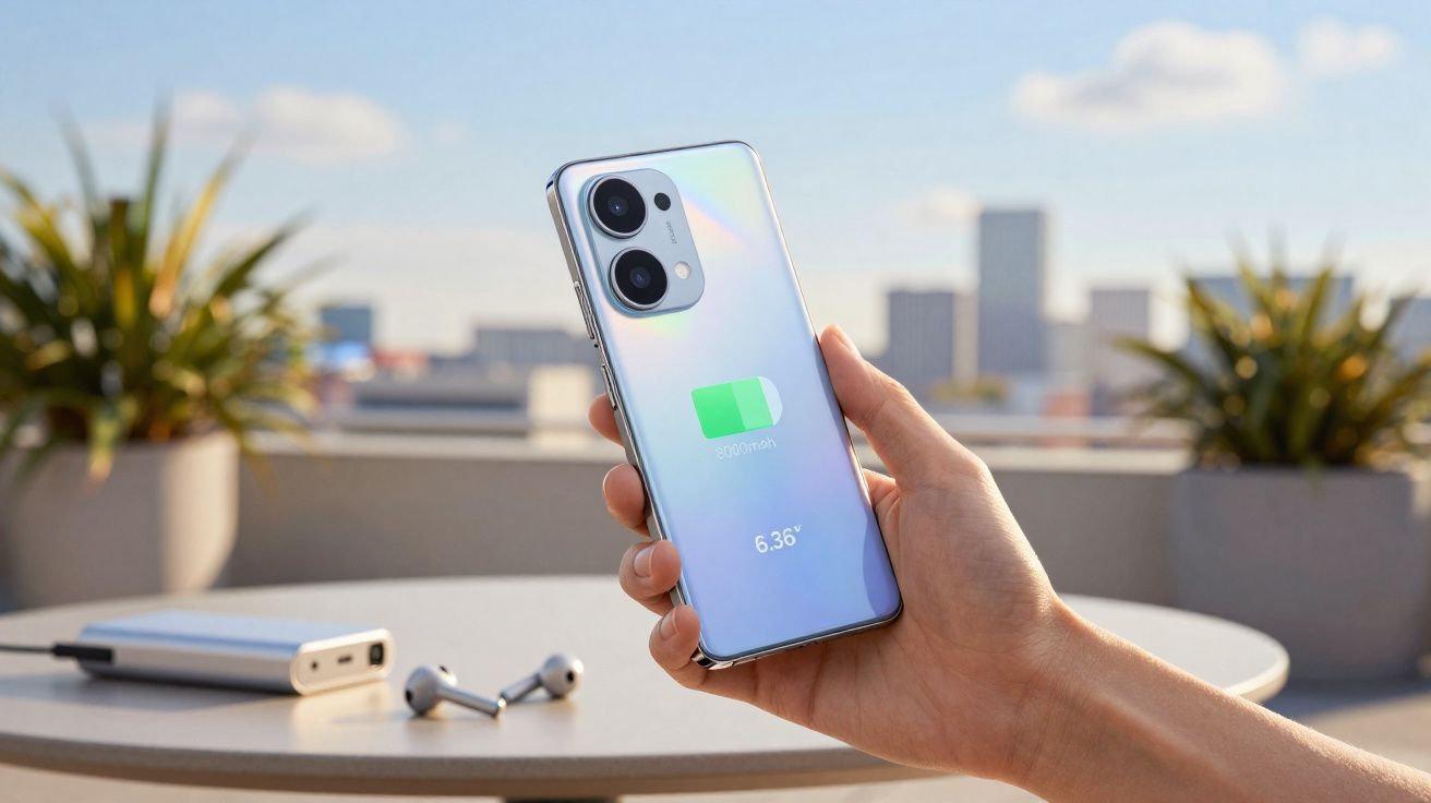 Mão segurando celular com tela mostrando carregamento na varanda com mesa, power bank e fones sem fio.