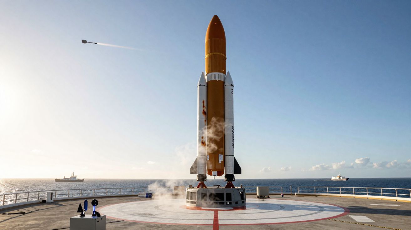 Foguete posicionado em plataforma no mar com fumaça e dois navios ao fundo em dia claro.