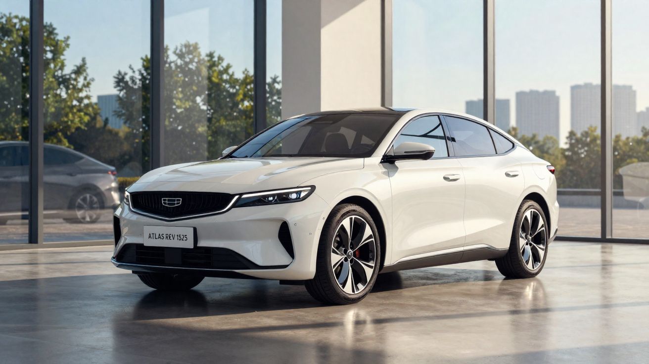 Carro sedan branco Geely Atlas REV dentro de showroom com grandes janelas e paisagem urbana ao fundo.