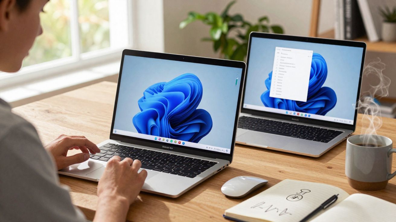 Pessoa usando notebook em mesa com outro notebook, mouse, caderno e caneca de café fumegante.