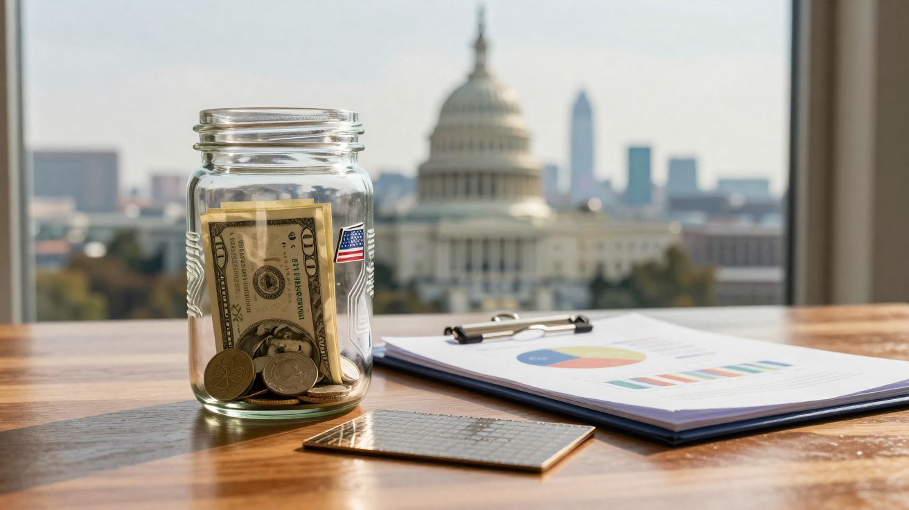 Mesa com cofrinho de vidro com dinheiro, calculadora e relatórios financeiros, com edifício Capitol ao fundo.