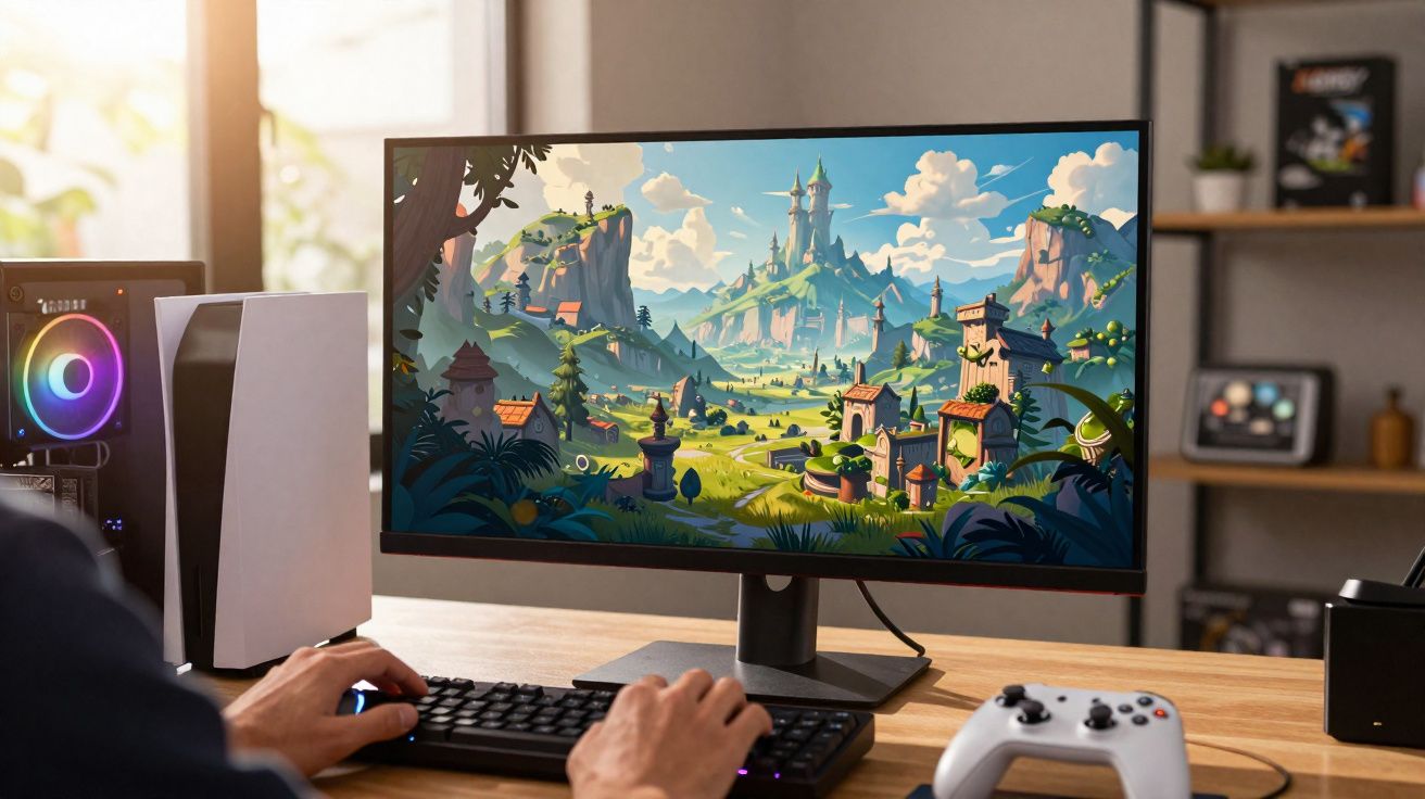 Pessoa jogando em computador com cenário de videogame fantasia exibido na tela e controle branco sobre a mesa.