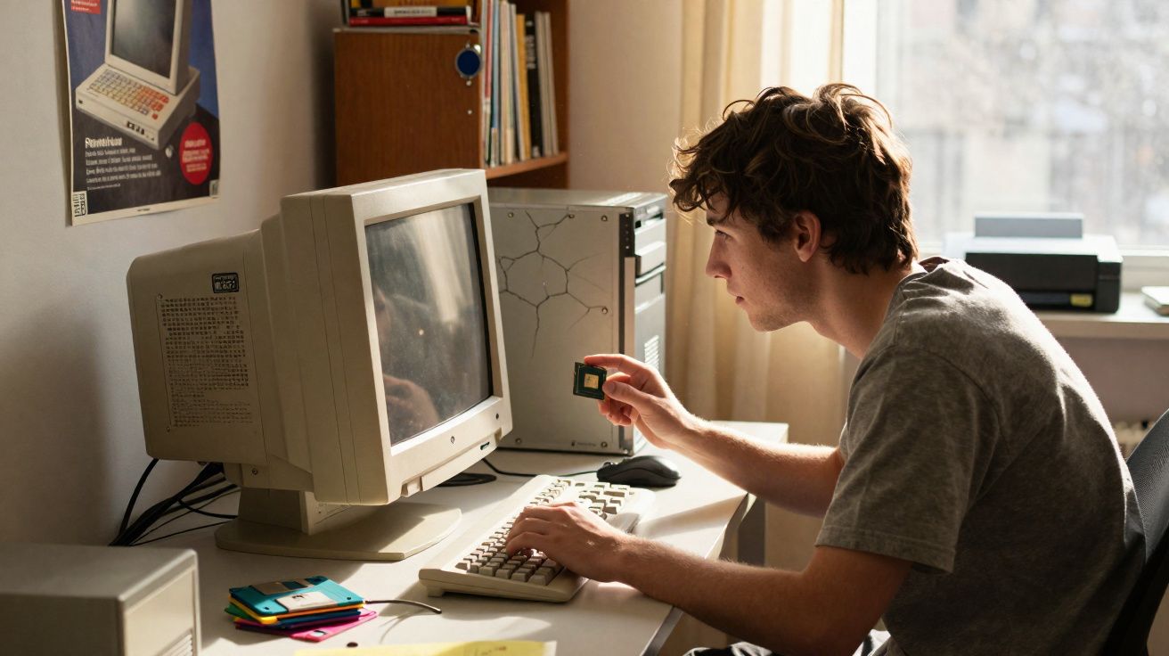 Jovem conserta computador antigo em mesa com monitor CRT, disquetes coloridos e teclado vintage.