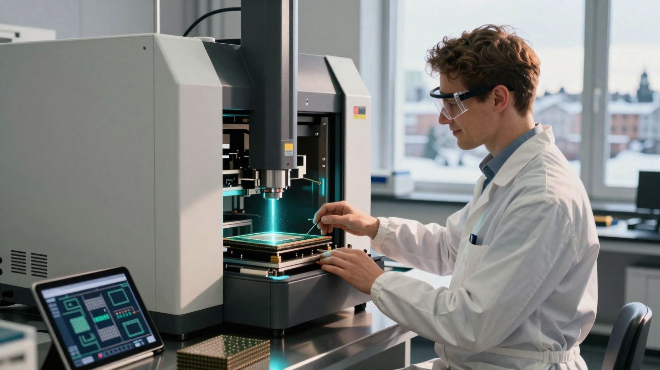 Cientista operando equipamento de laboratório com visor digital e luz azul em ambiente tecnológico.