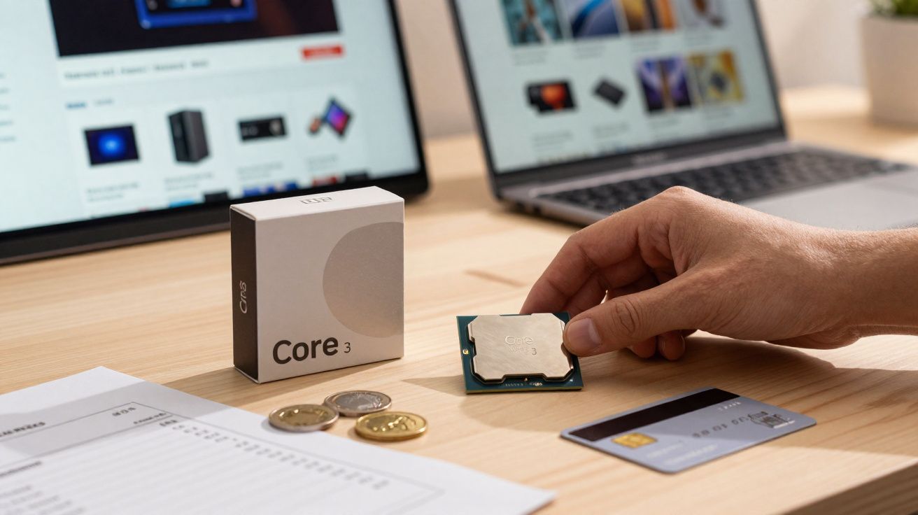 Mão segurando processador Intel Core i3 com caixa, moedas, cartão e laptops ao fundo sobre mesa de madeira.