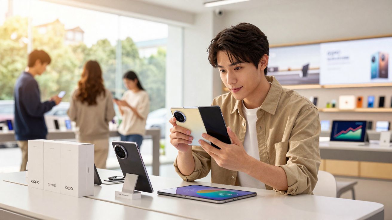 Homem testa smartphone dobrável em loja de tecnologia com outros clientes ao fundo.