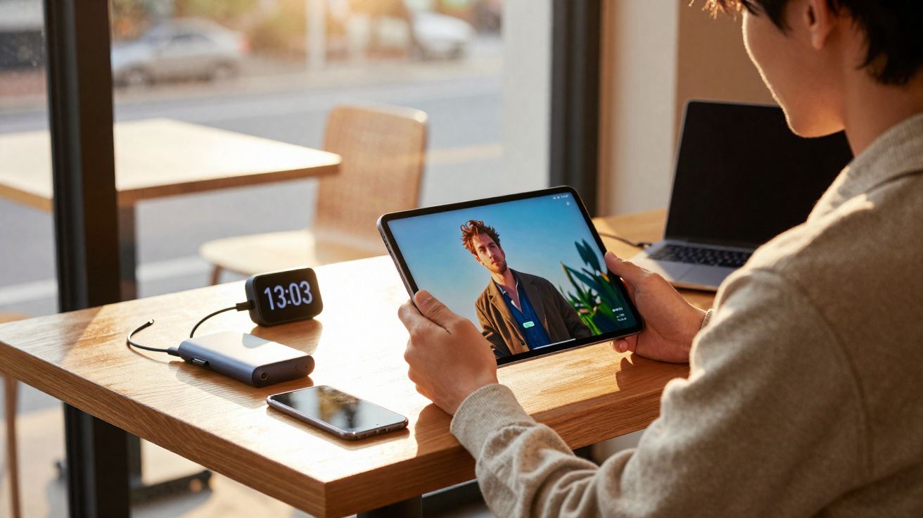 Pessoa segurando tablet com vídeo de homem, sentado à mesa com celular, power bank, relógio digital e laptop fechados.