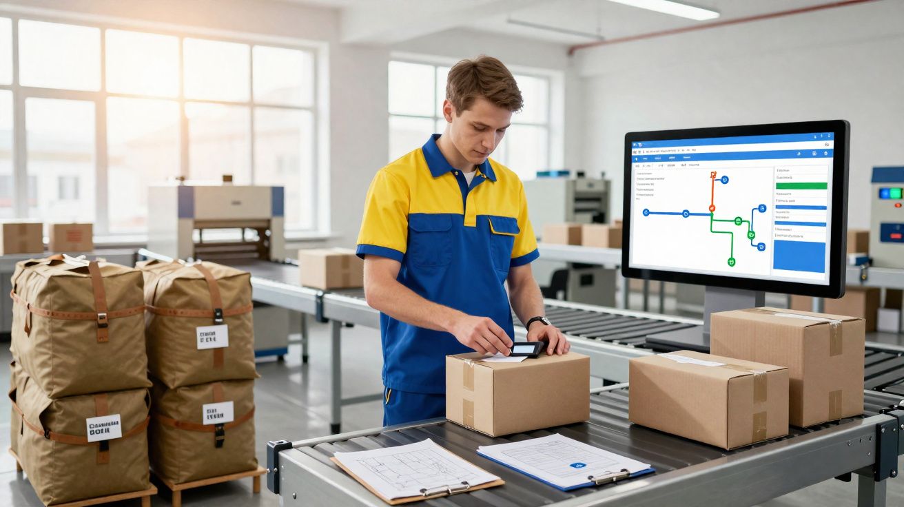 Homem em uniforme verifica pacote em esteira com tela ao fundo exibindo mapa logístico em ambiente de armazenagem.