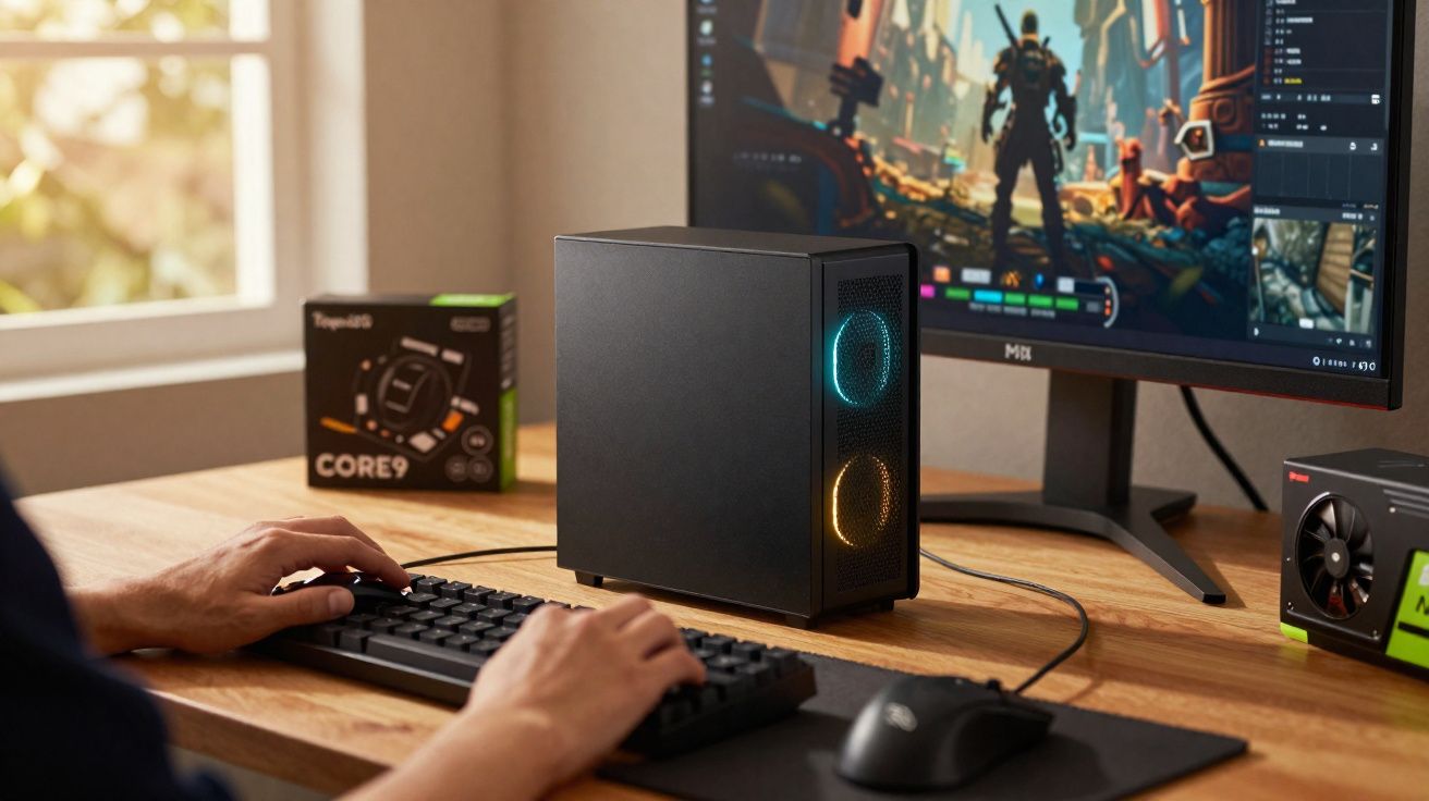 Pessoa usando teclado e mouse em computador gamer com gabinete pequeno e monitor exibindo jogo de ação.