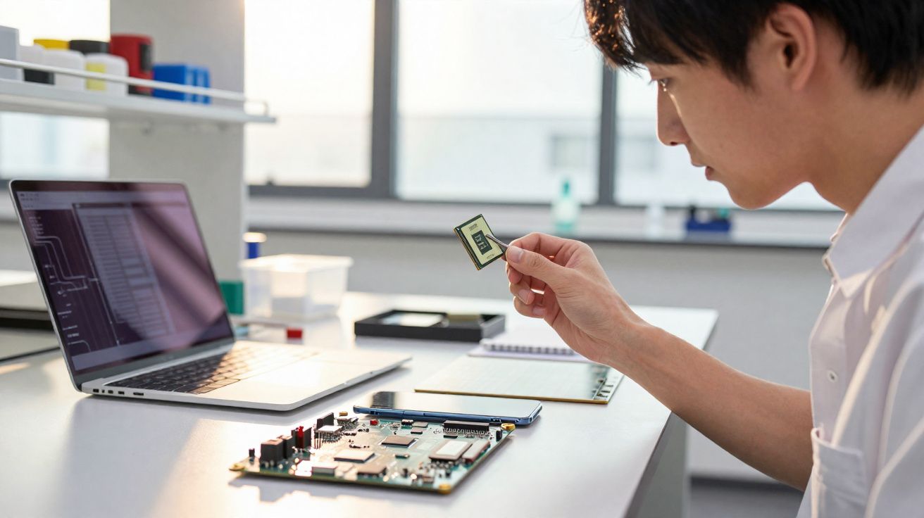 Pessoa segurando chip ao lado de placa eletrônica e notebook em ambiente de trabalho técnico.