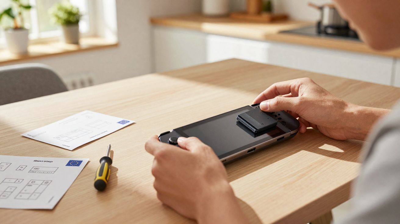 Pessoa segurando console portátil, com bateria removida, sobre mesa de madeira clara, ao lado de chave de fenda e papéis.