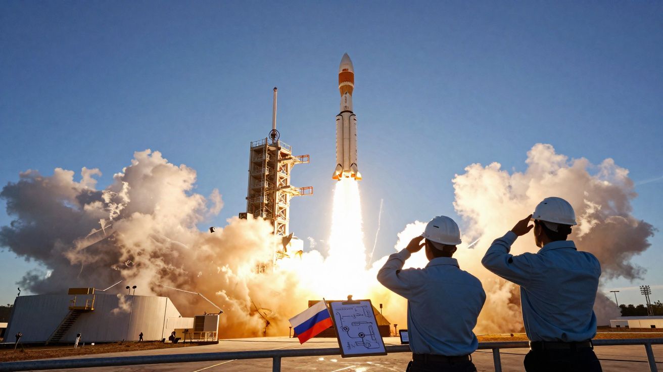 Foguete sendo lançado ao céu com dois trabalhadores observando em primeiro plano, céu azul e fumaça ao redor.