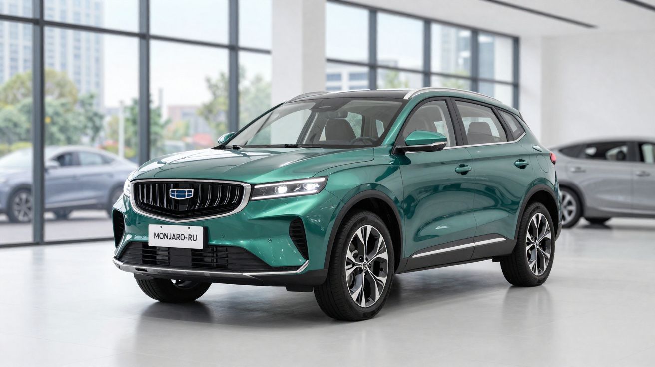 SUV verde Geely Monjaro-RU estacionado em showroom com janelas grandes ao fundo.