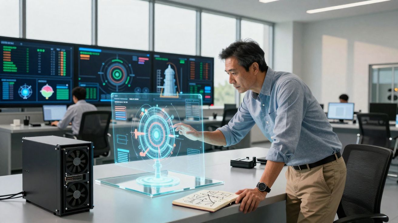 Homem interagindo com holograma tecnológico em escritório moderno com monitores e computadores ao fundo.