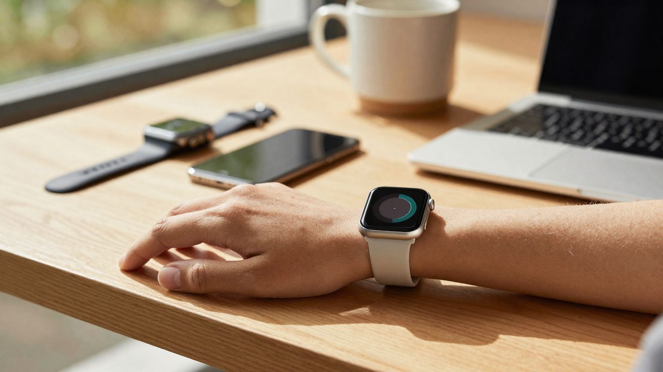 Braço com relógio inteligente branco sobre mesa com celular, outro relógio, laptop e caneca branca.