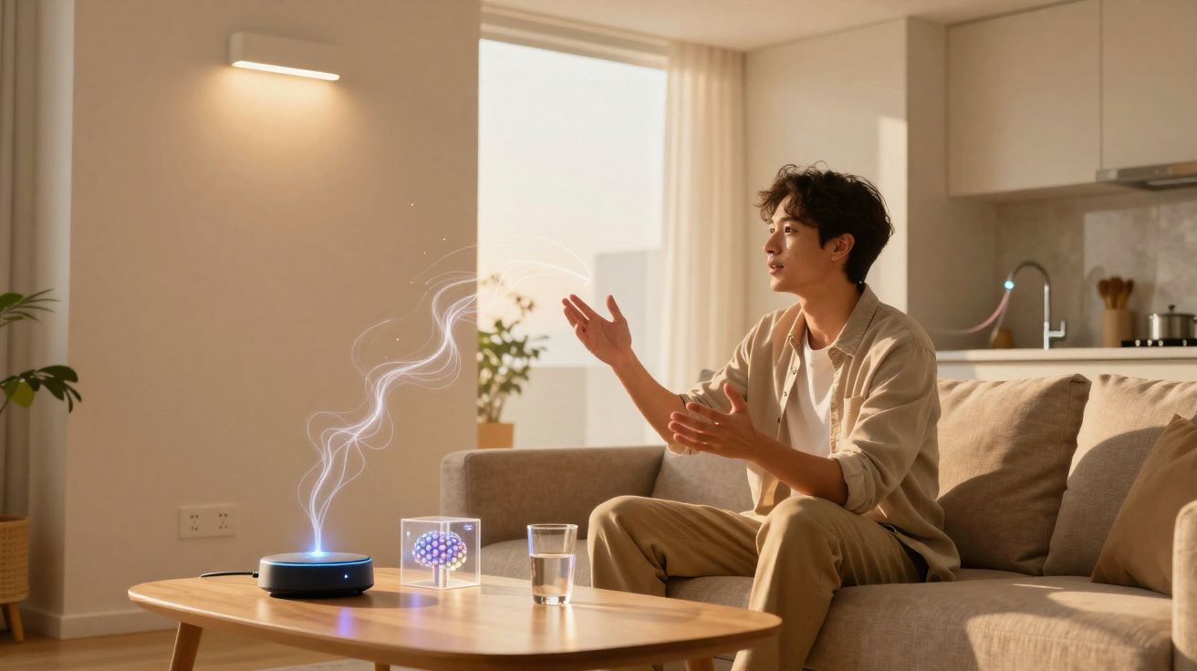 Homem sentado no sofá interagindo com assistente virtual iluminada sobre mesa de centro na sala.