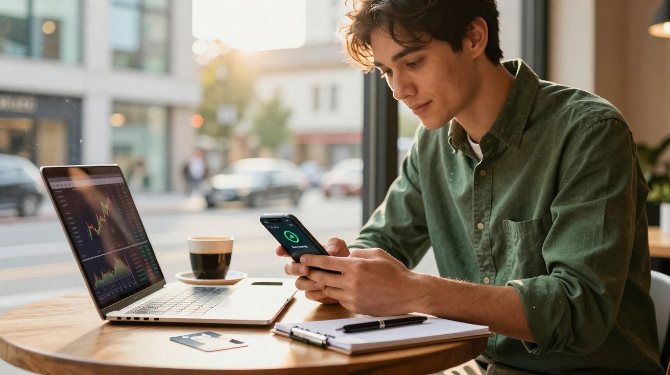 Jovem sentado em cafeteria usando smartphone, laptop com gráficos e caderno sobre mesa redonda.