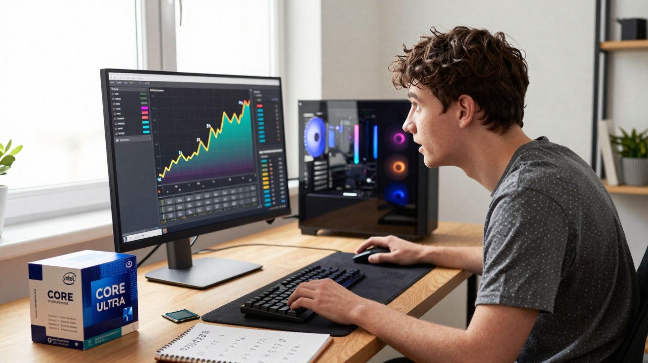 Jovem usando computador com gráfico de crescimento na tela em ambiente claro e organizado.