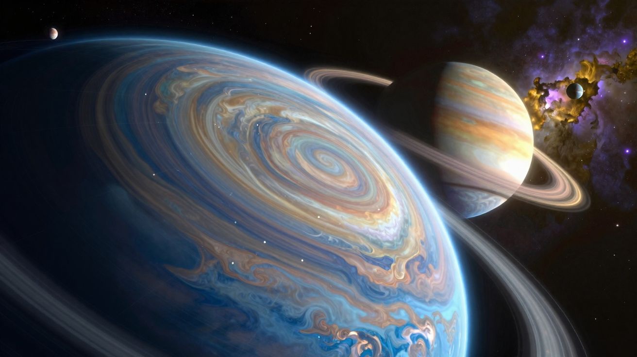 Planetas gasosos com anéis em órbita no espaço sideral estrelado.