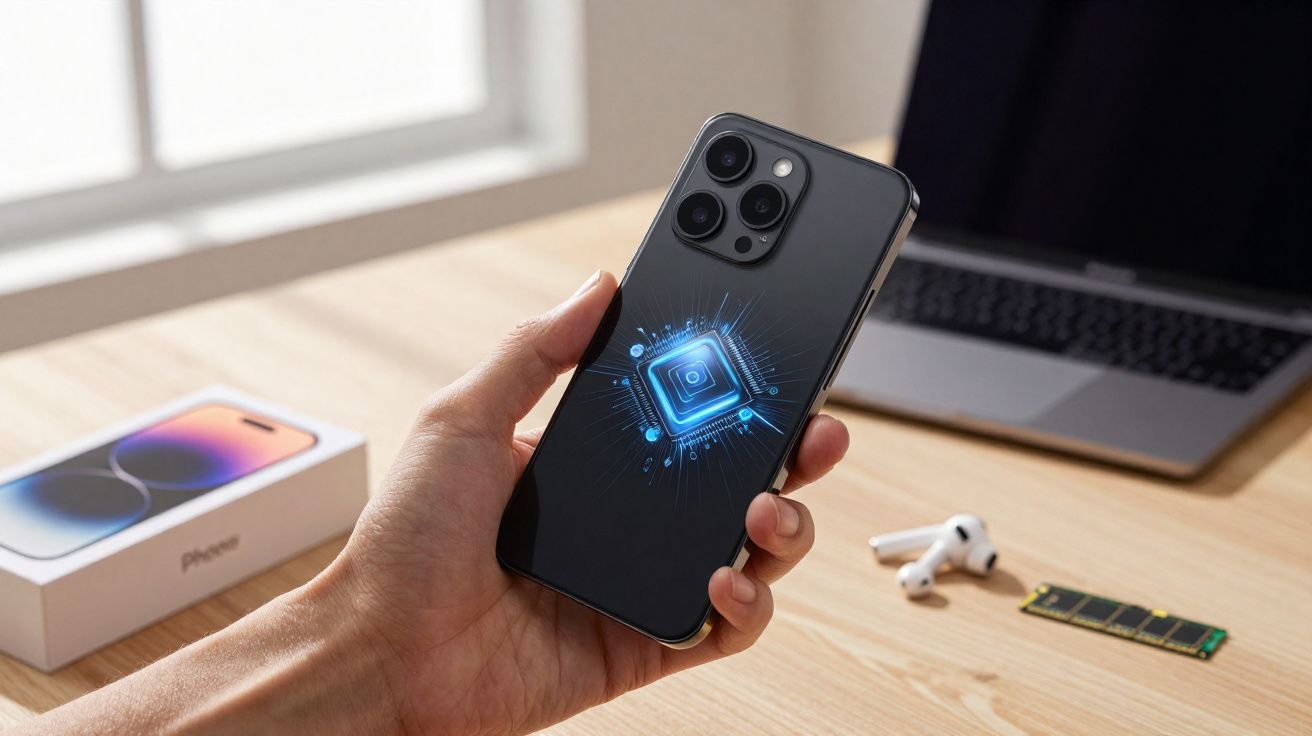 Pessoa segurando smartphone preto com chip digitalizado na tela, fones de ouvido, memória RAM e notebook ao fundo.