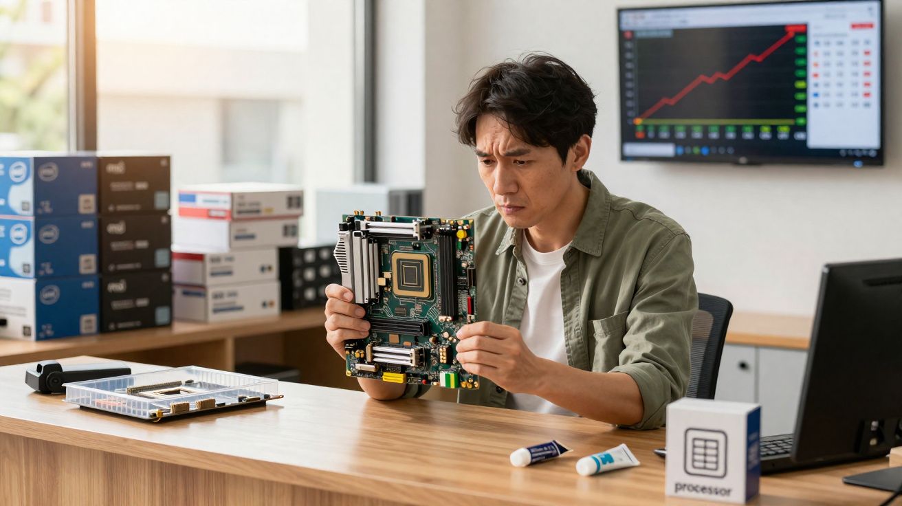 Homem analisando placa-mãe em escritório com gráficos de mercado ao fundo e peças eletrônicas na mesa.