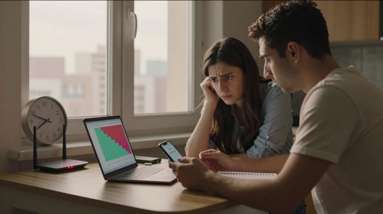 Casal preocupado analisando gráficos no laptop e celular em mesa com relógio e roteador.