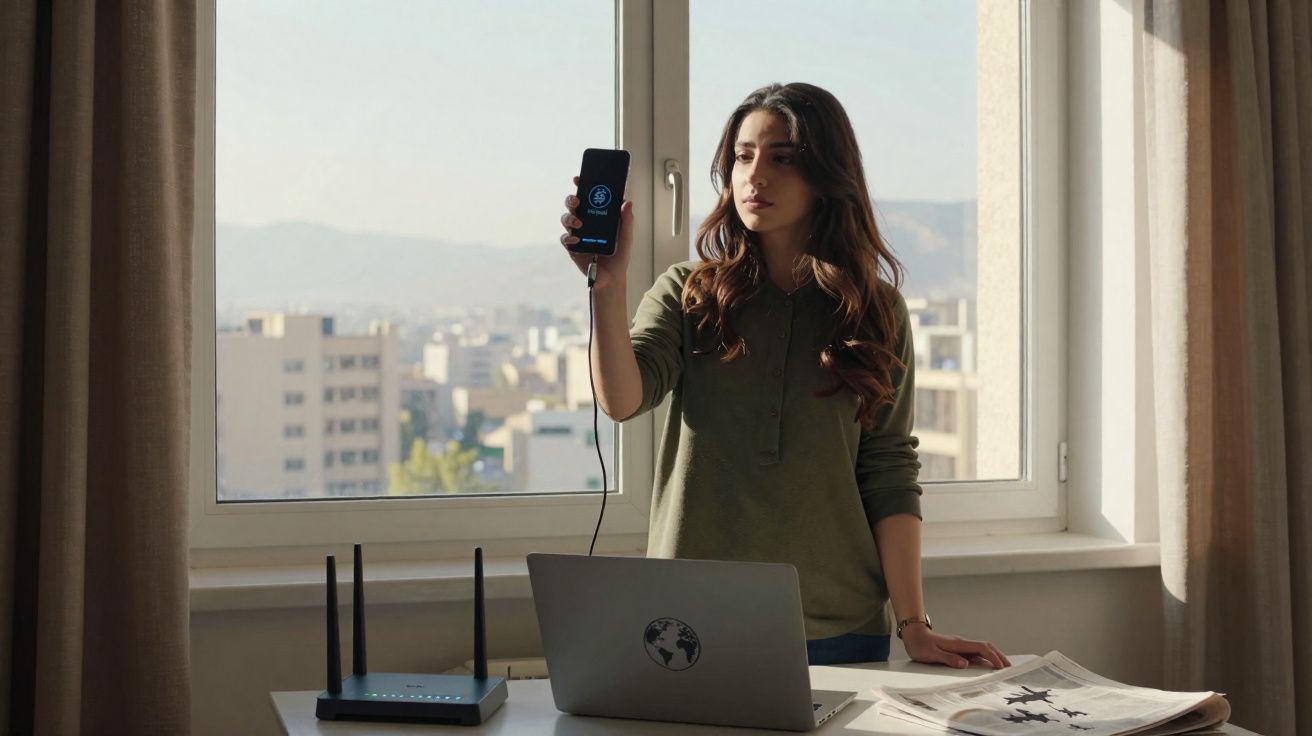 Mulher segurando celular com app aberto, ao lado de laptop e roteador, em frente a janela com vista urbana.