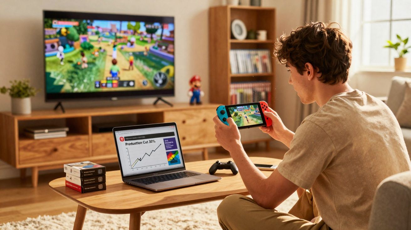 Jovem jogando videogame portátil sentado em sala com TV exibindo mesmo jogo, laptop e livros na mesa.