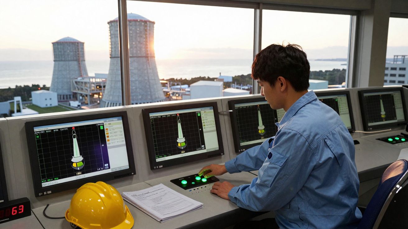 Homem em uniforme azul operando painel de controle em sala com vista para usina industrial ao pôr do sol.