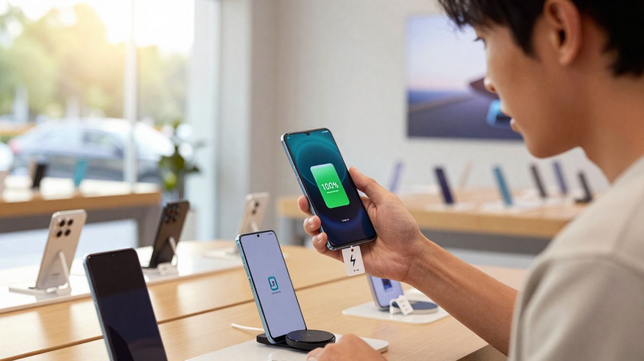 Homem segurando celular completamente carregado em loja de smartphones modernos.