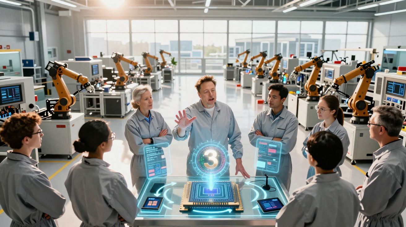 Equipe de pesquisadores em laboratório moderno com robôs industriais e tecnologia holográfica avançada.