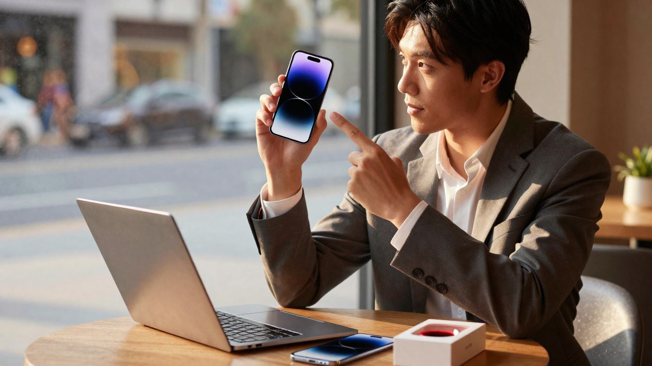 Homem em terno cinza sentado à mesa com laptop mostra tela de smartphone moderno em ambiente iluminado.