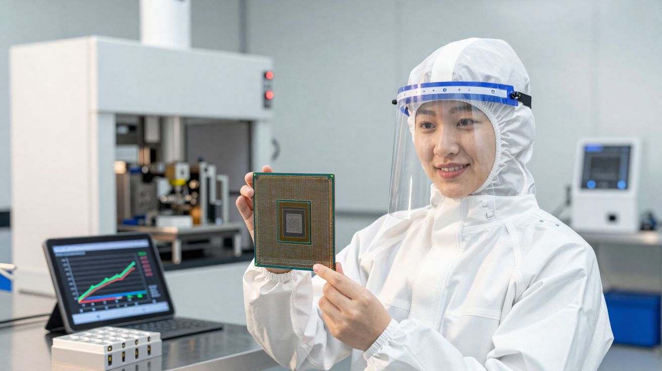 Pesquisadora em roupa de proteção segurando um chip de computador em laboratório tecnológico.