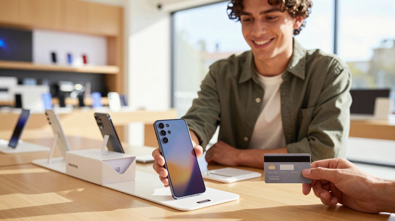 Pessoa segurando celular para compra com cartão em loja de eletrônicos moderna e iluminada.