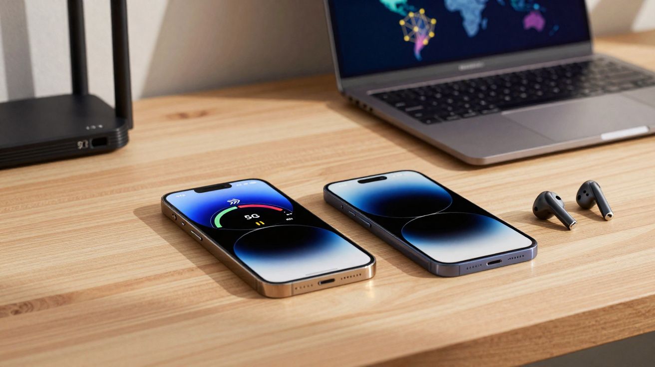 Dois smartphones e dois fones de ouvido sem fio sobre mesa de madeira com notebook e roteador ao fundo.