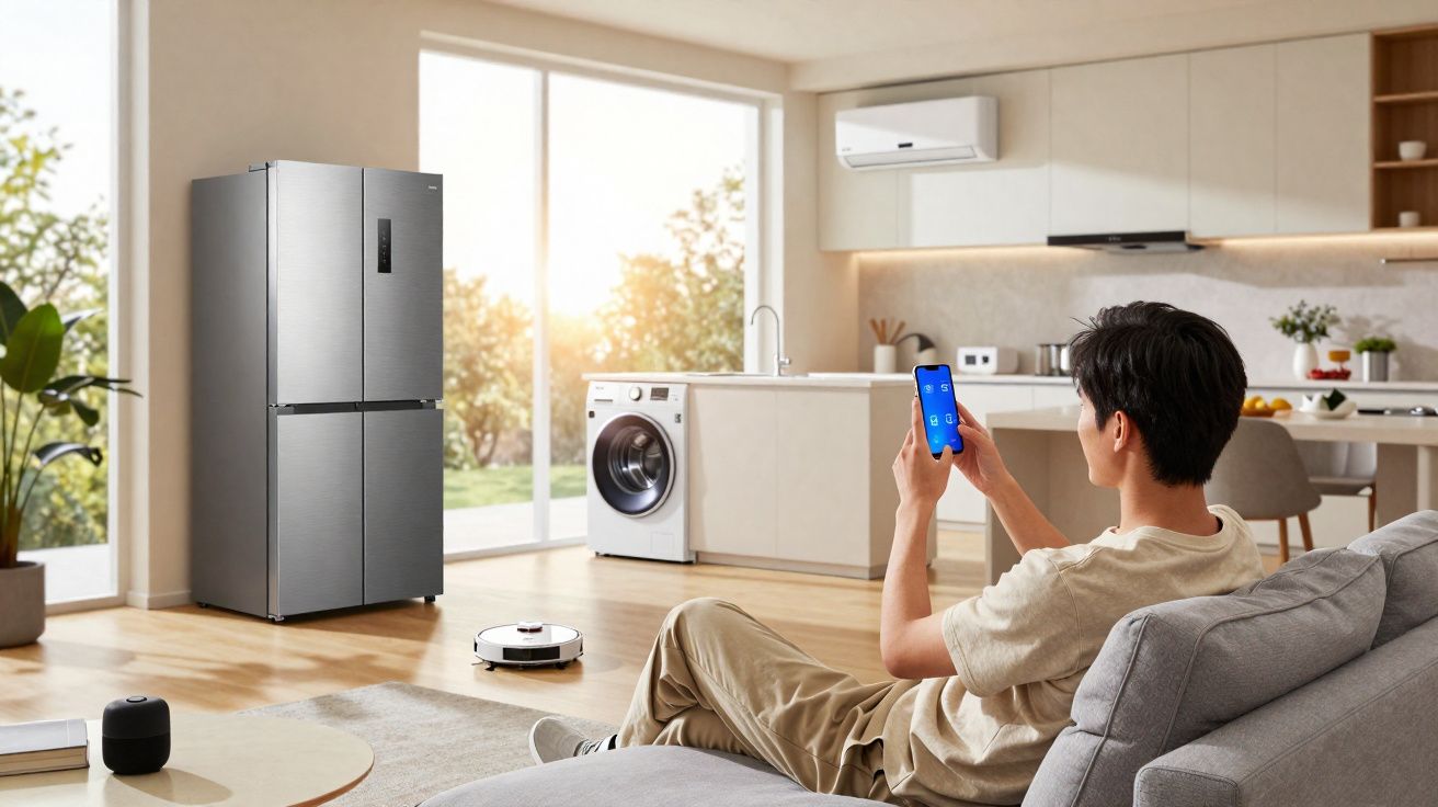 Sala integrada com móveis claros, homem controla aspirador robô por smartphone.