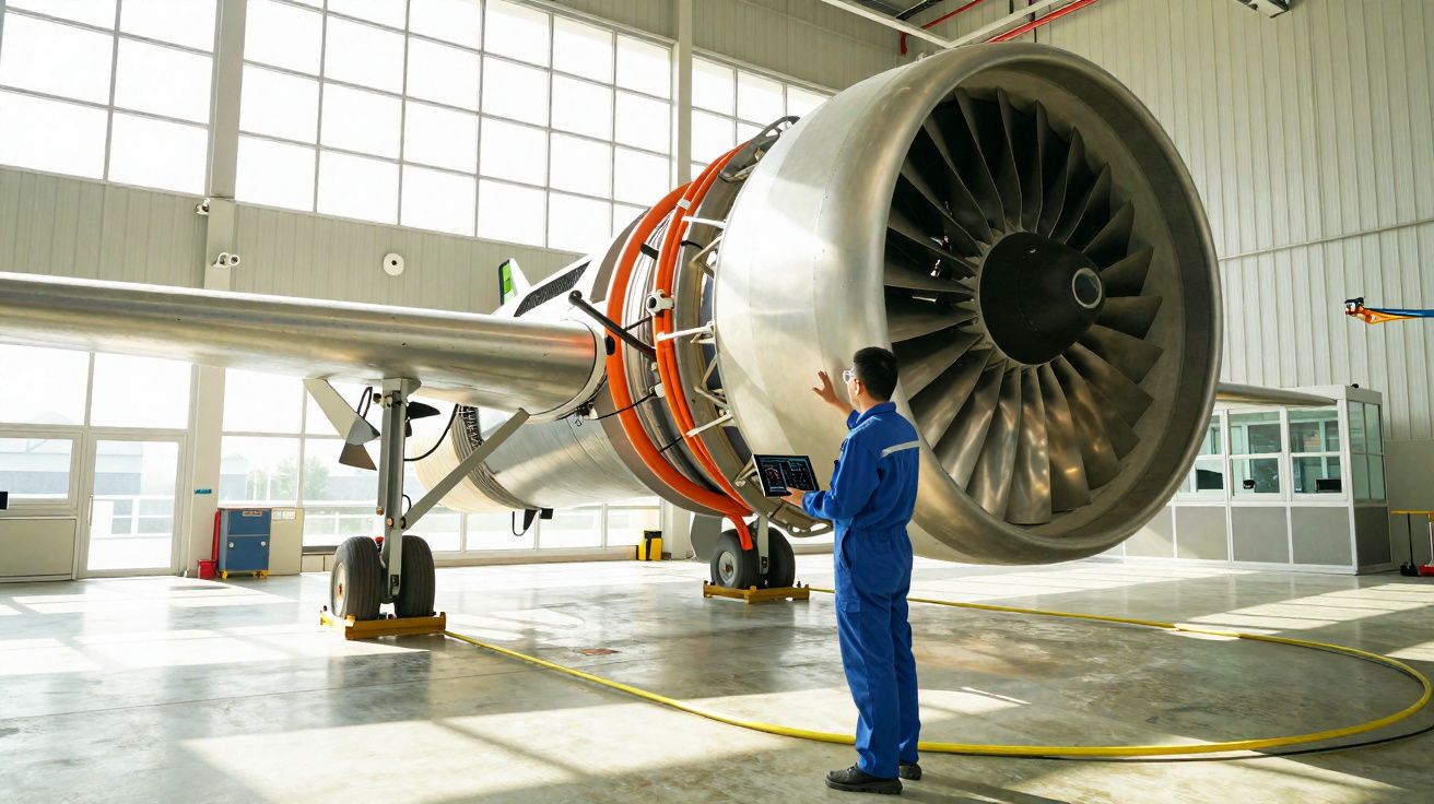 Técnico em macacão azul inspeciona motor de avião em hangar iluminado com janelas grandes.