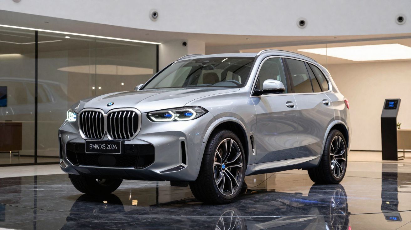 Carro SUV BMW X5 2026 cinza exibido em ambiente interno moderno com piso refletivo.