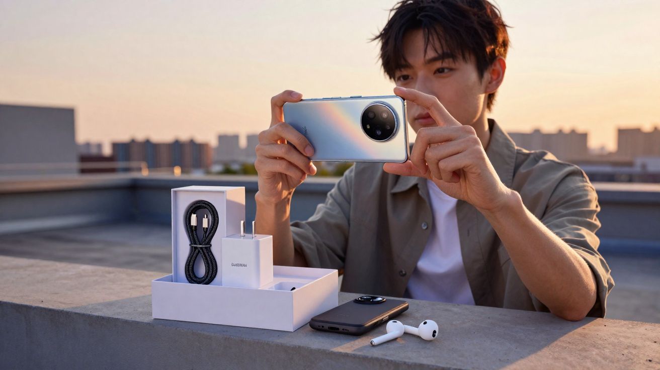 Jovem segurando smartphone prateado em área externa com caixa, carregador, cabo e fones brancos sobre muro.