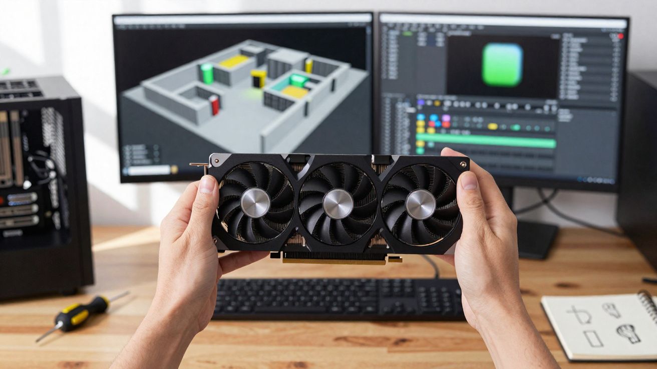 Pessoa segurando uma placa de vídeo diante de dois monitores com programas abertos em mesa de madeira.