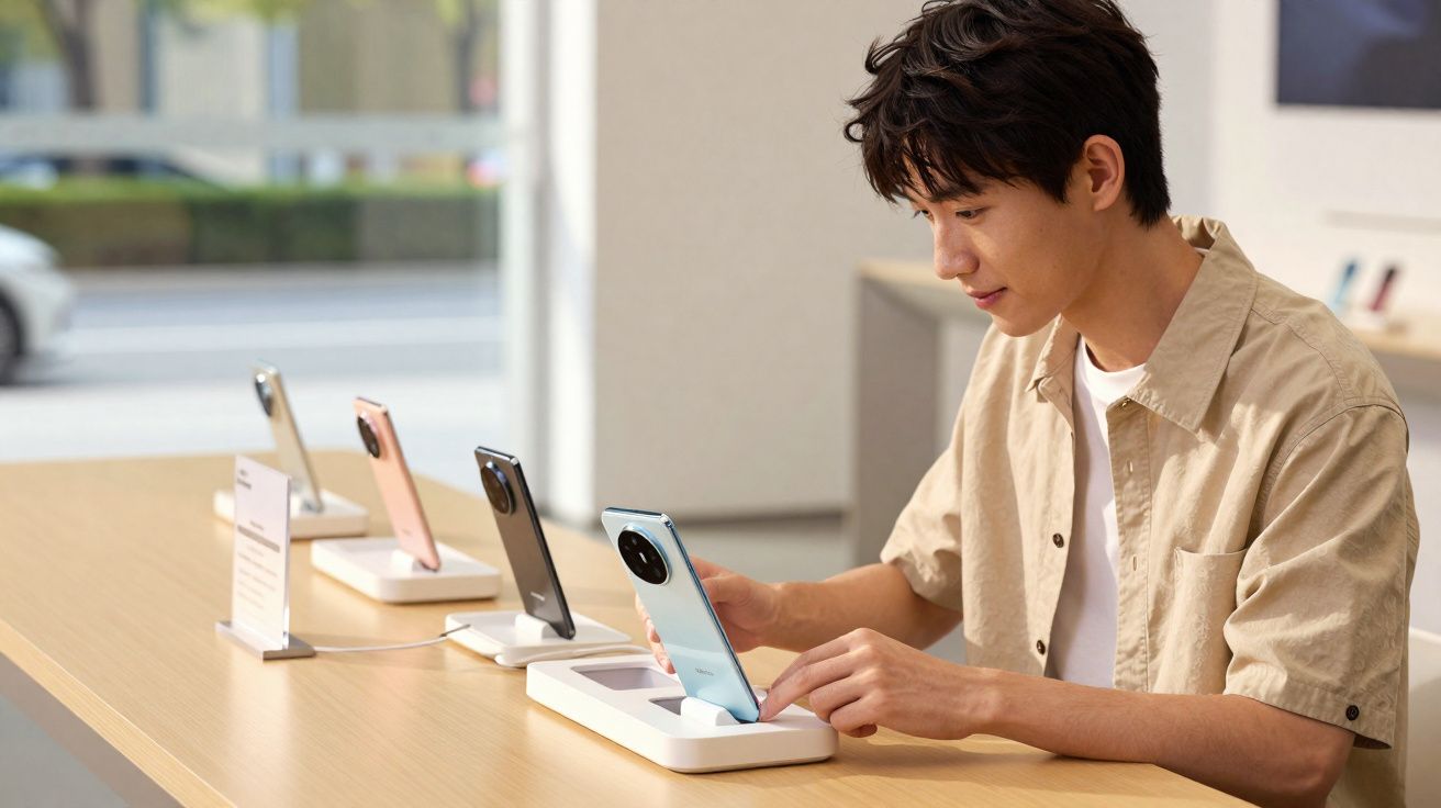 Jovem testa smartphone exposto em mesa dentro de loja moderna de tecnologia.