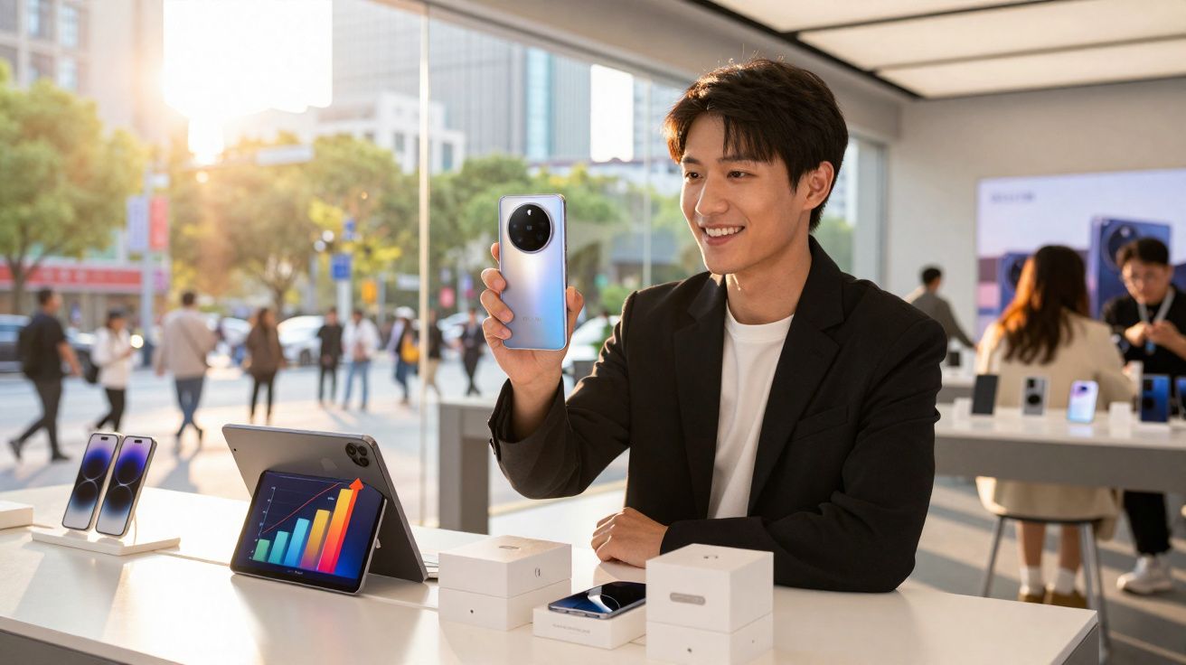 Homem sorridente segurando smartphone em loja moderna com produtos eletrônicos exibidos na mesa branca.