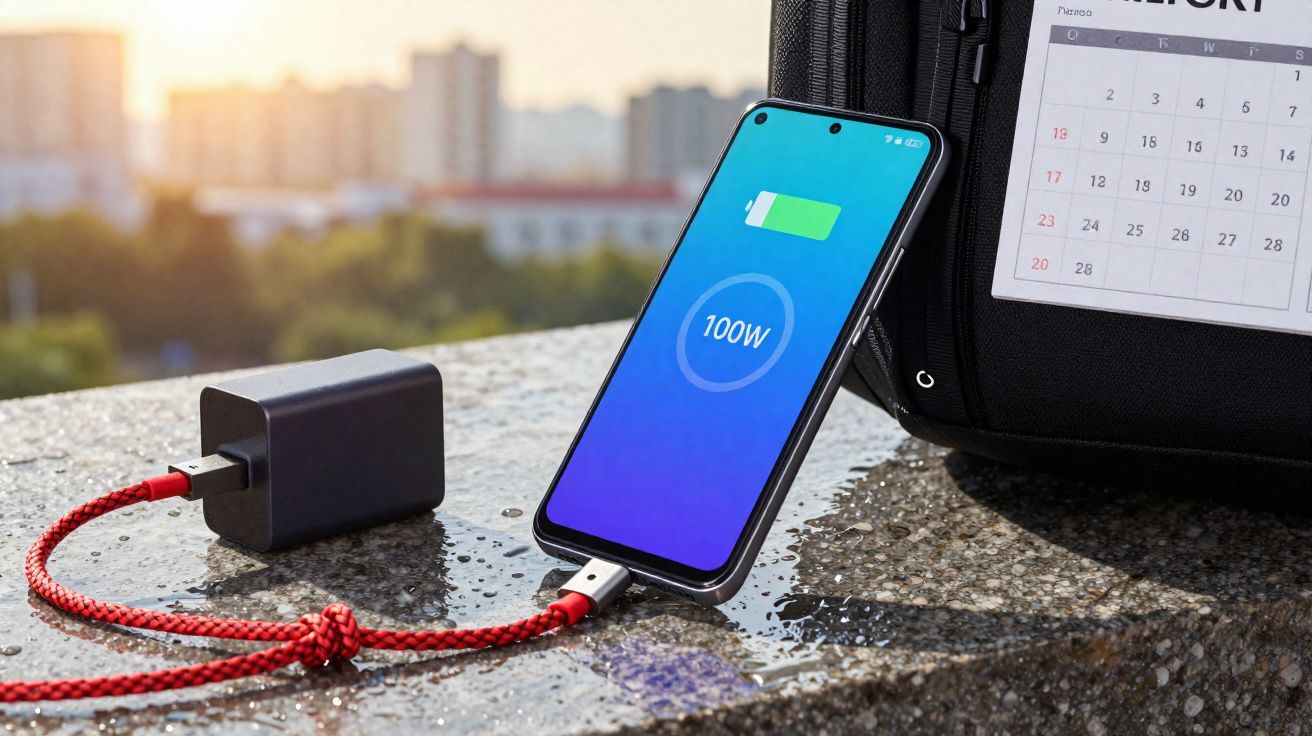 Celular conectado a carregador rápido de 100W, apoiado em superfície molhada próxima de mochila com calendário.