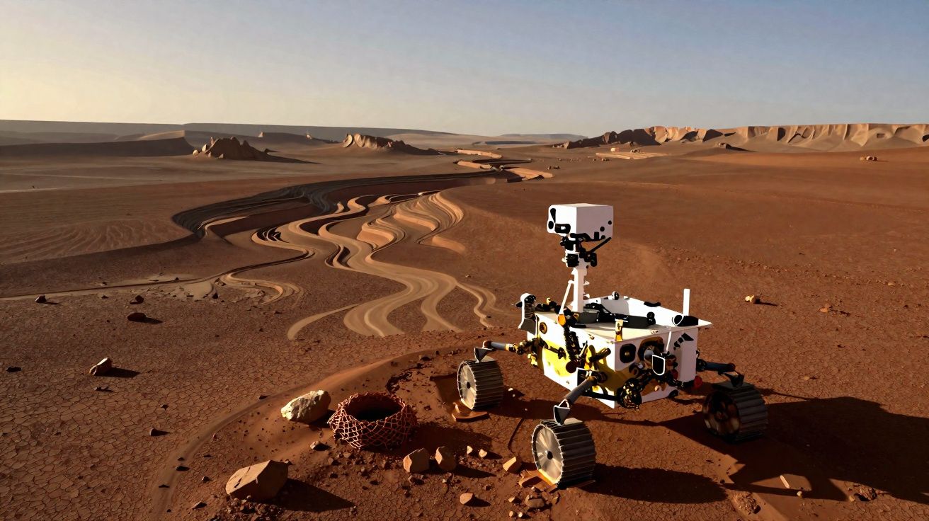 Rover explorando superfície árida e rochosa com trilhas sinuosas e dunas ao fundo, sob céu claro.