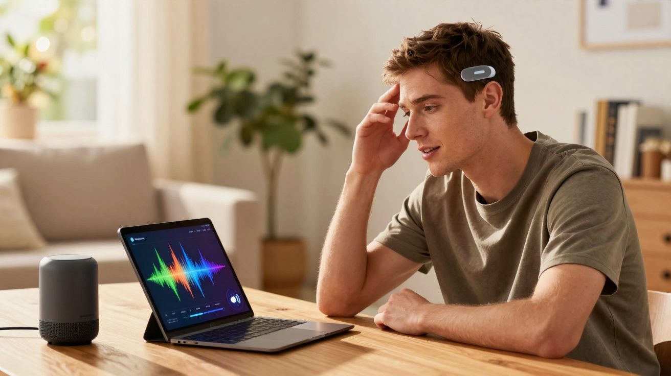 Jovem usando dispositivo na cabeça observa laptop com gráficos de som e assistente inteligente em sala iluminada.